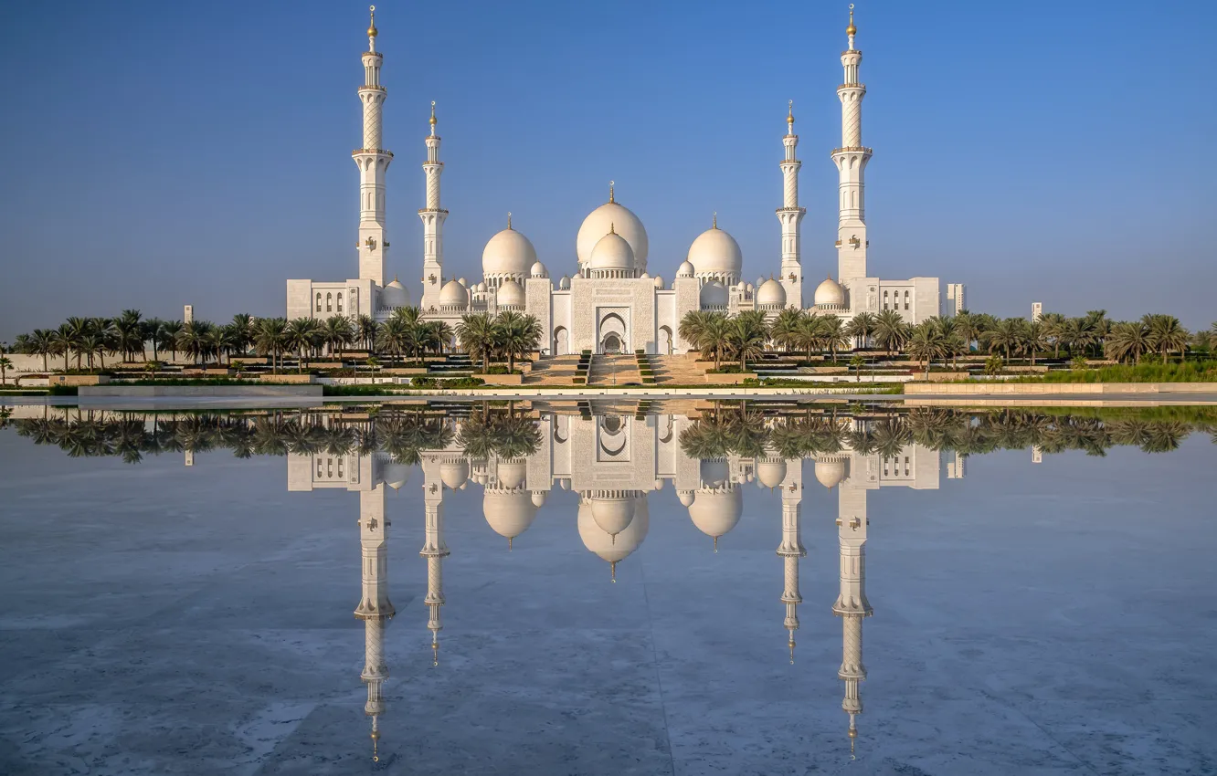 Фото обои вода, отражение, пальмы, ОАЭ, Абу-Даби, минареты, мечеть шейха Зайда