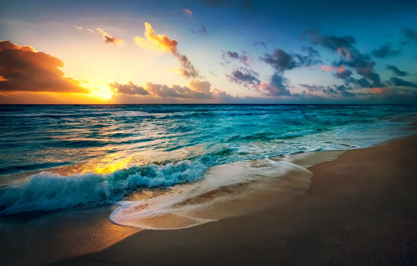 Фото обои песок, море, пляж, небо, солнце, пейзаж, закат, природа