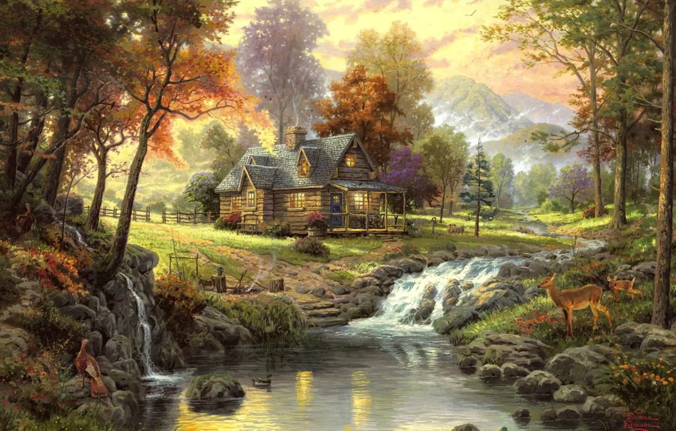 Фото обои осень, ручей, Пейзаж, Thomas Kinkade, домик в лесу