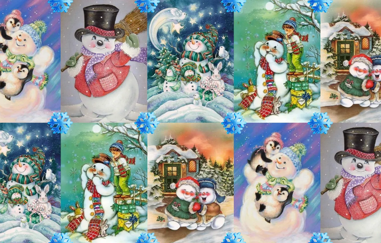 Фото обои зима, настроение, праздник, арт, Новый год, снеговик, снежинка, детская