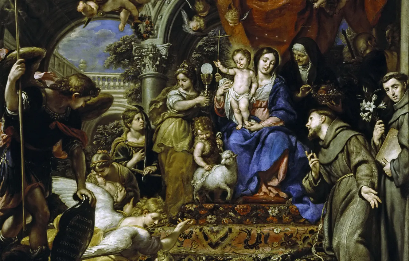 Фото обои картина, религия, мифология, Окруженная Христианскими Добродетелями и Святыми, Мадонна с Младенцем, Claudio Coello