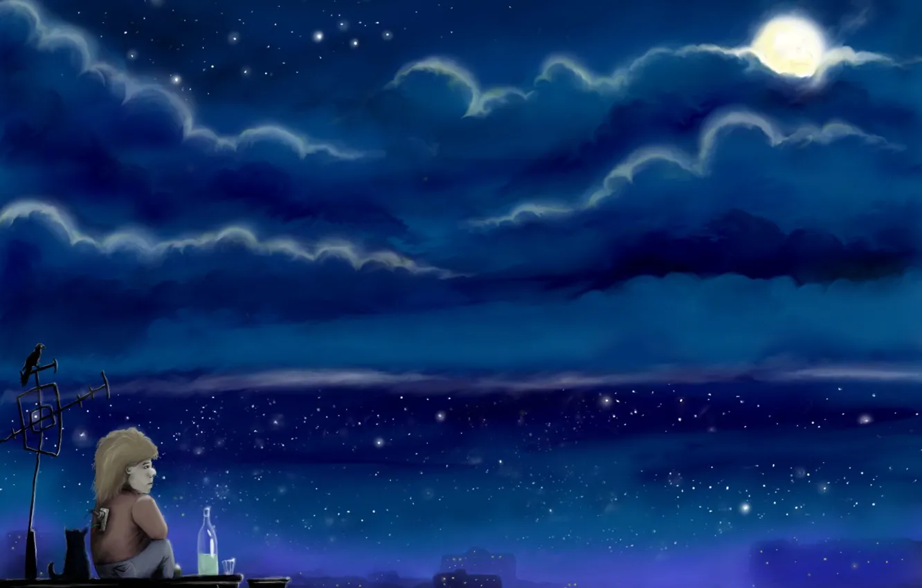 Фото обои луна, рисунок, Грусть, крыши, Карлсон