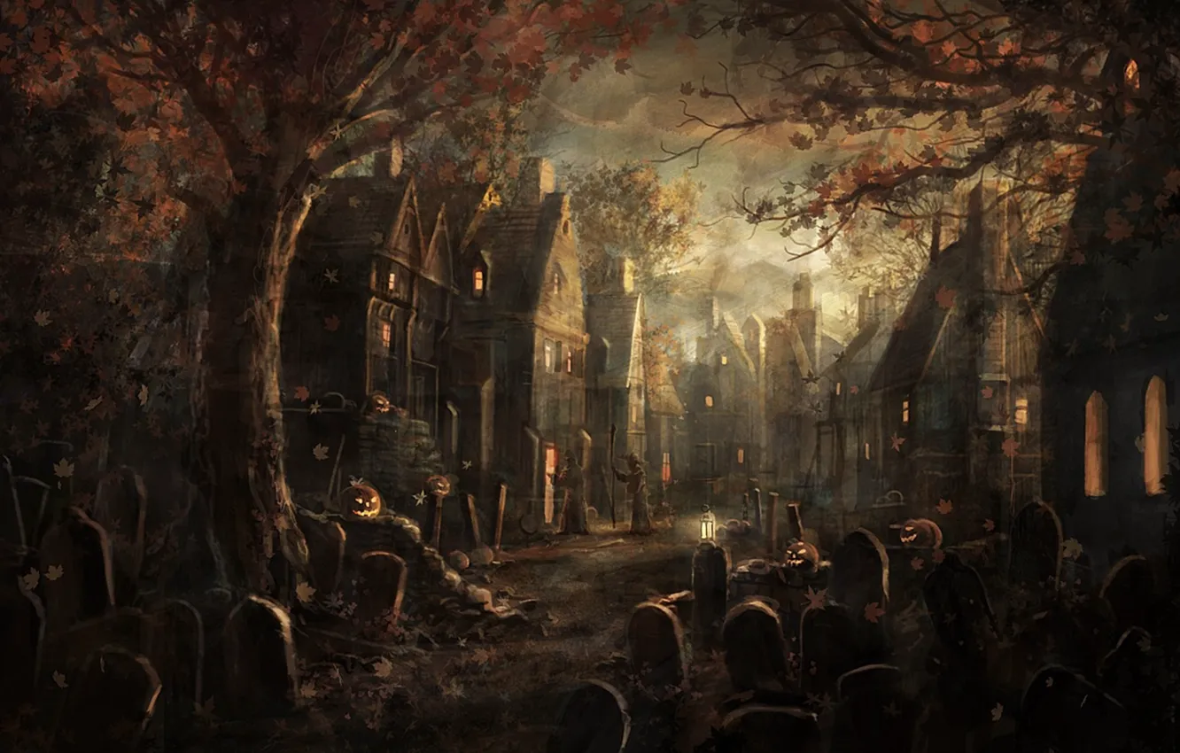 Фото обои листья, деревья, могилы, деревня, тыквы, плиты, клен, halloween