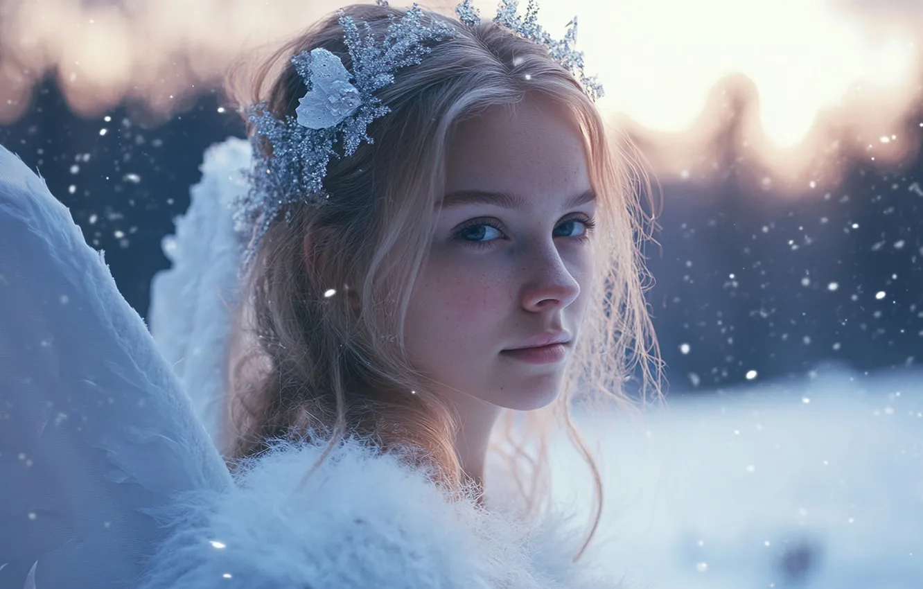 Фото обои зима, лес, девушка, свет, снег, природа, лицо, портрет