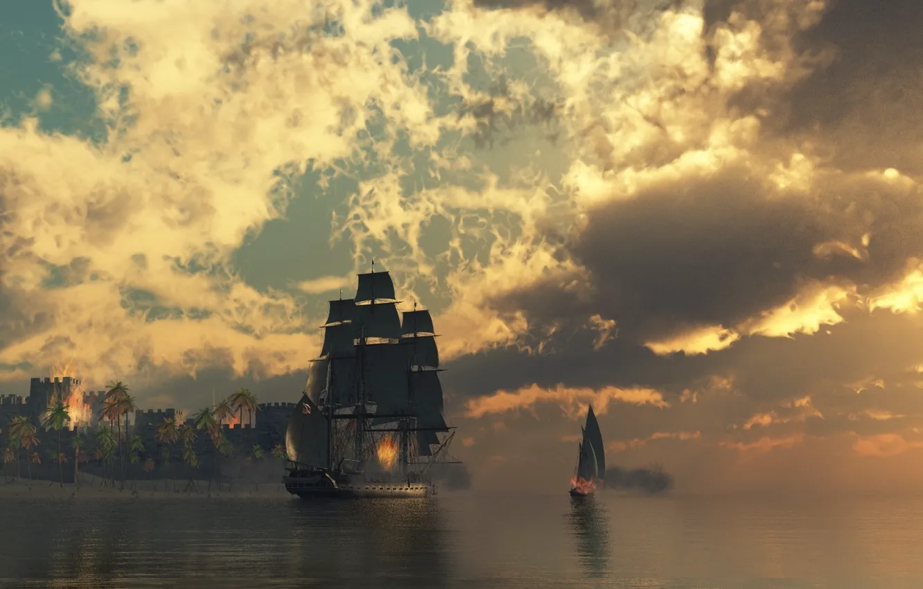 Фото обои вода, облака, огонь, корабль, крепость