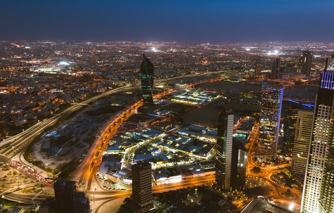 Фото обои ночь, город, огни, здания, освещение, небоскрёбы, столица, Kuwait City