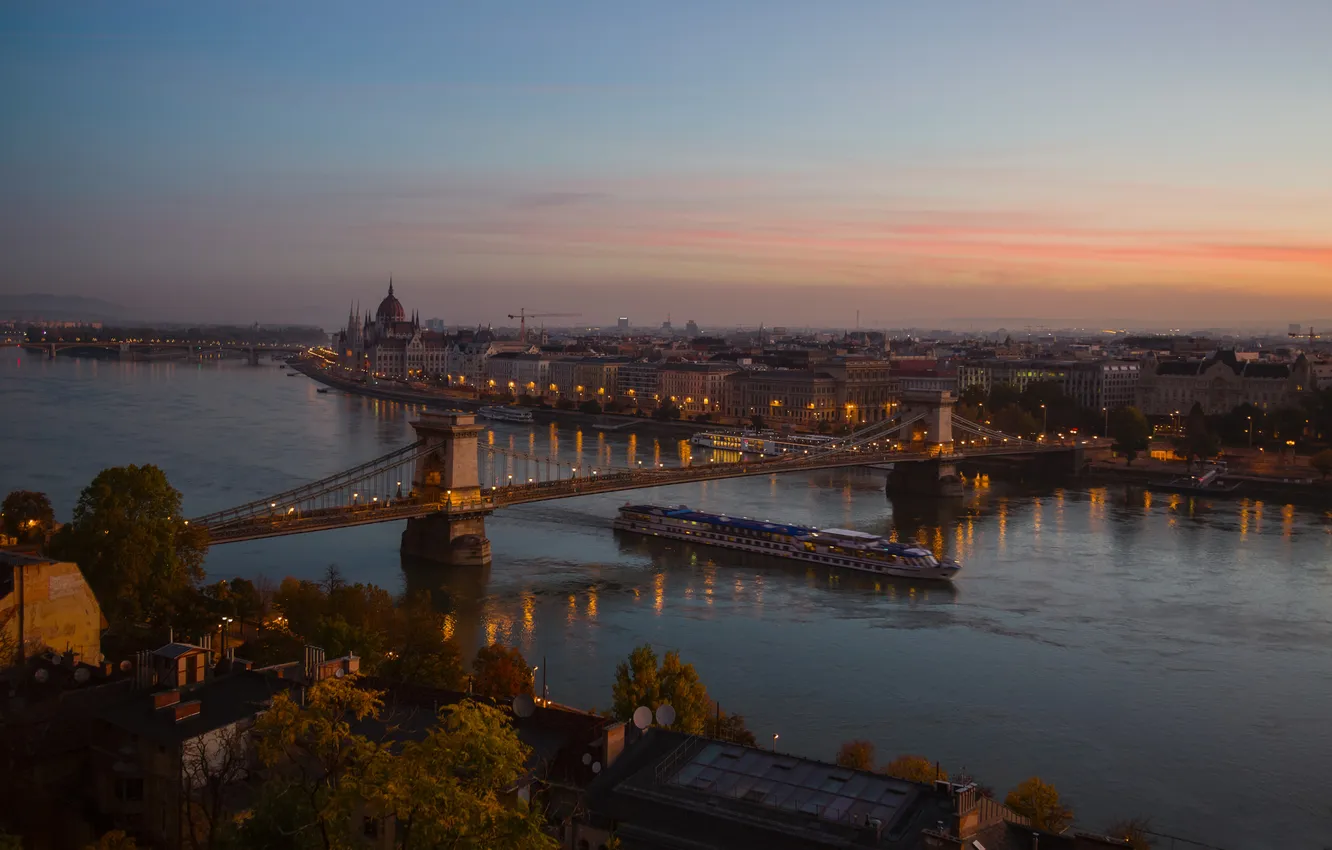 Фото обои мост, река, дома, утро, горизонт, Мурзинов Виктор, Город Будапешт