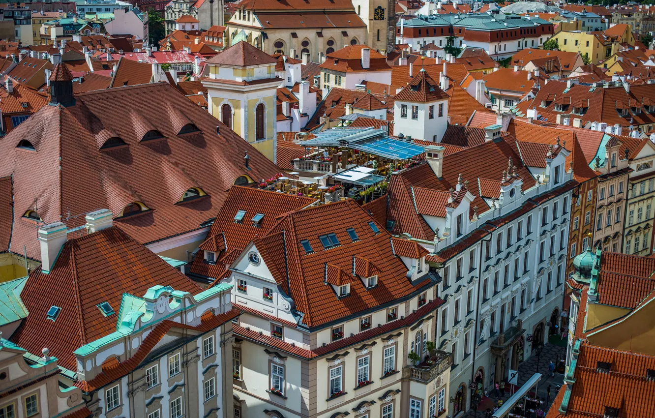 Фото обои улица, дома, крыши, Прага, Чехия, панорама