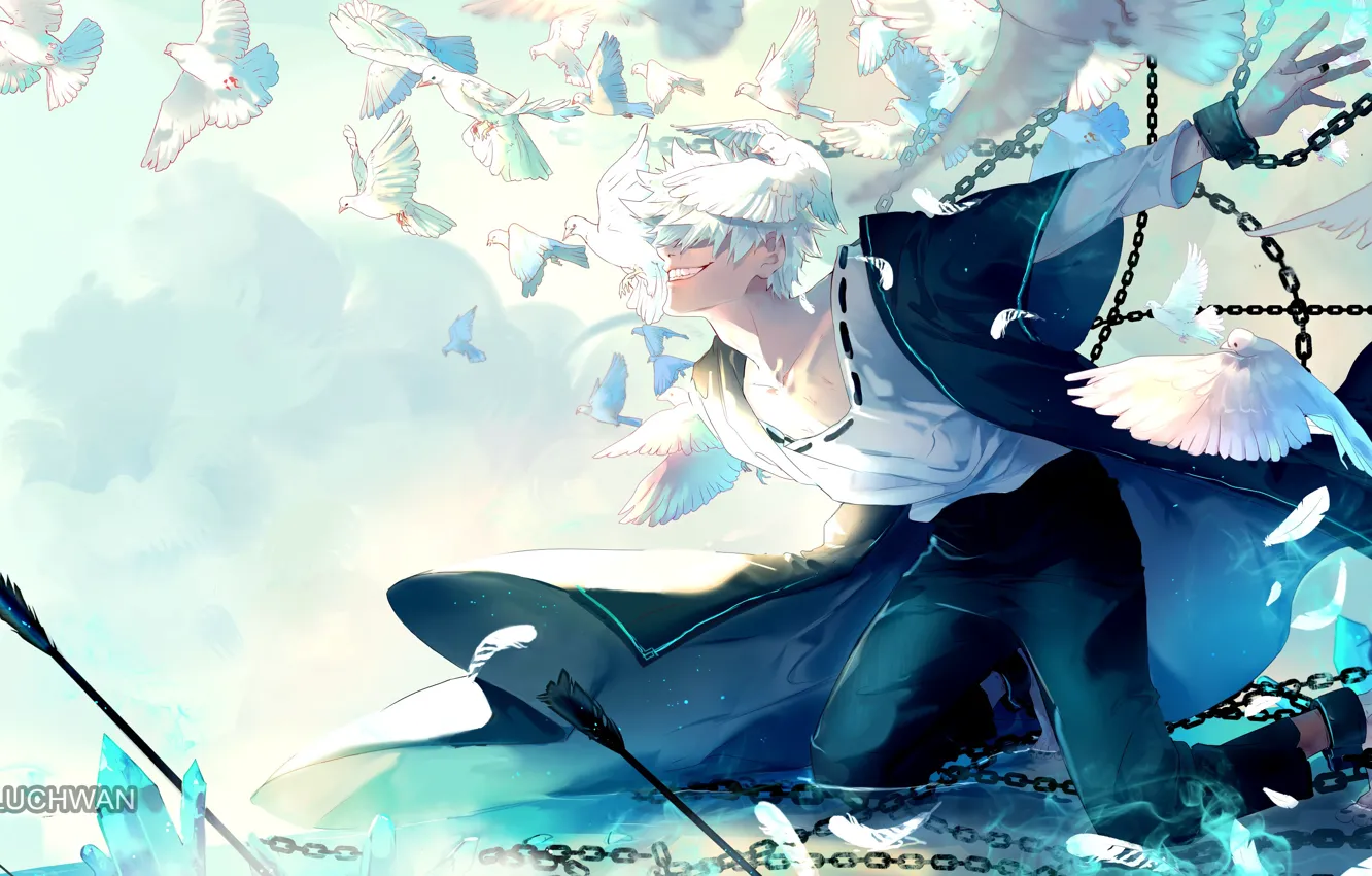 Фото обои улыбка, птица, голуби, парень