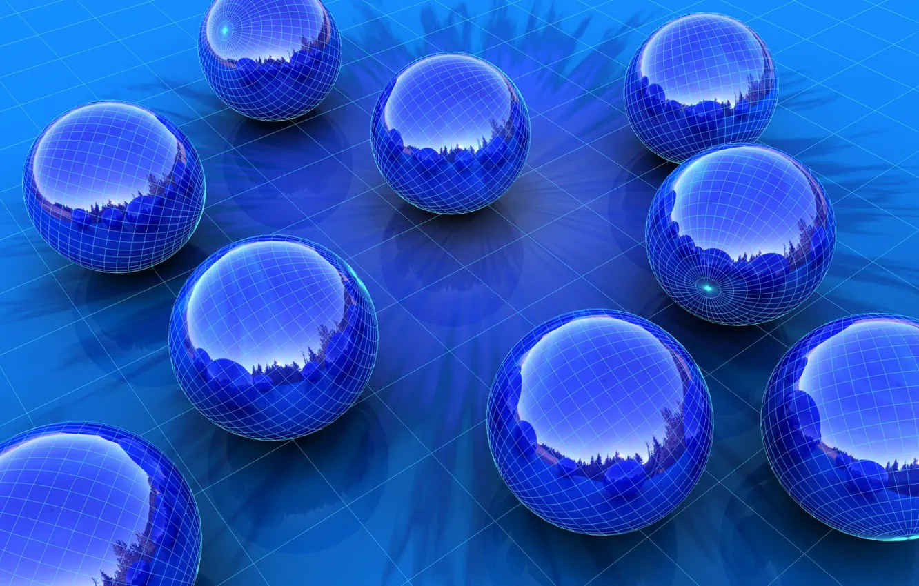 Фото обои шарики, синий, отражение, сетка