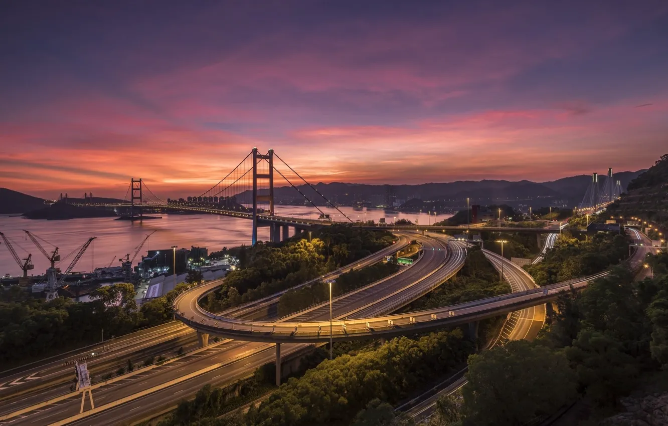 Фото обои дорога, мост, Гонконг, Китай, Tsing Ma Bridge，HongKong