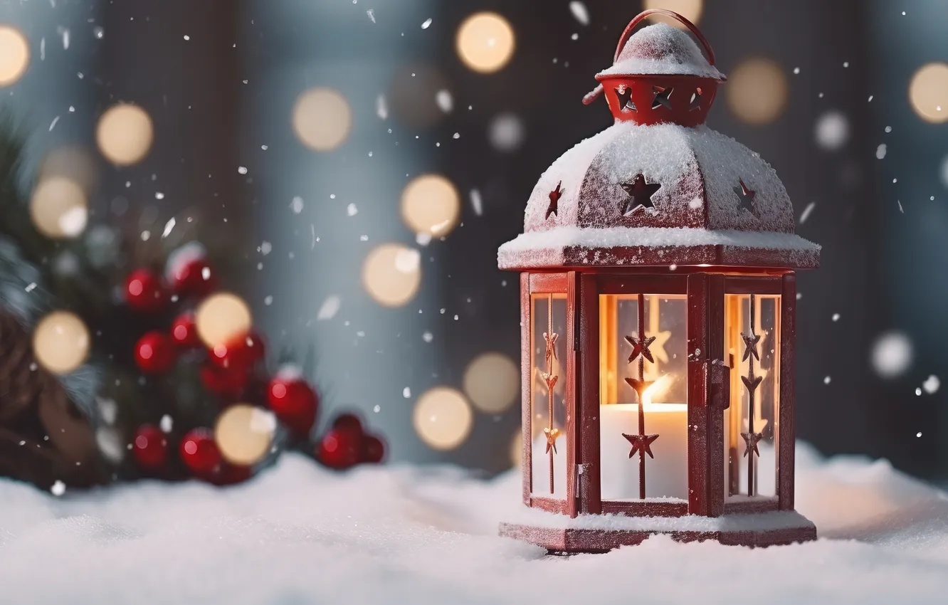 Фото обои зима, снег, ночь, Рождество, фонарь, Новый год, Christmas, night