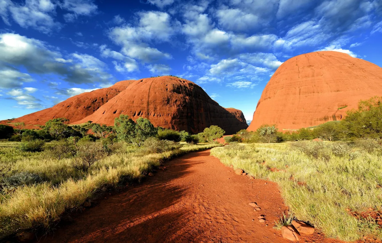 Фото обои дорога, песок, небо, облака, растительность, Австралия, Australia, лазурное