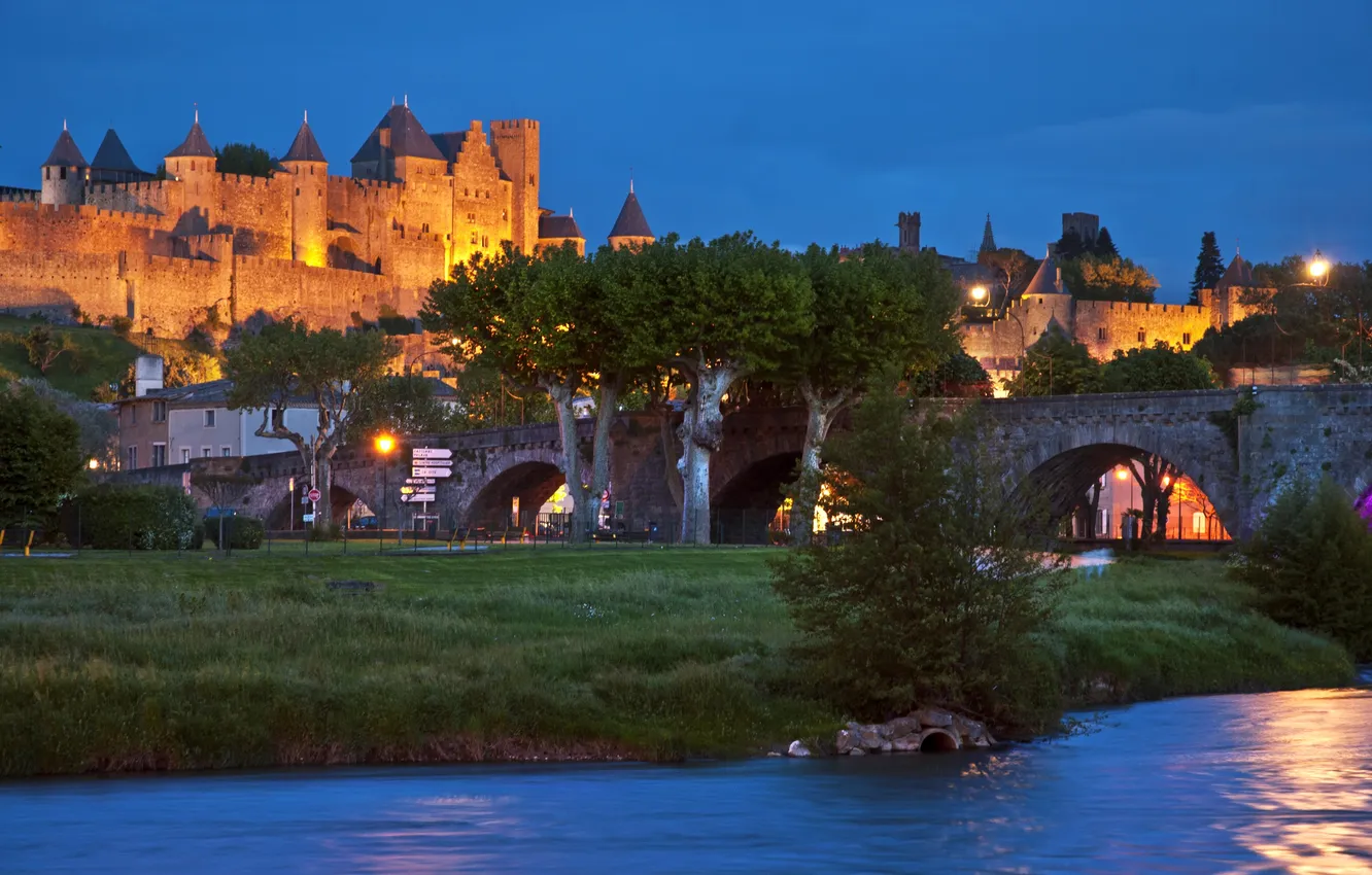 Фото обои деревья, мост, огни, река, замок, Франция, вечер, фонари