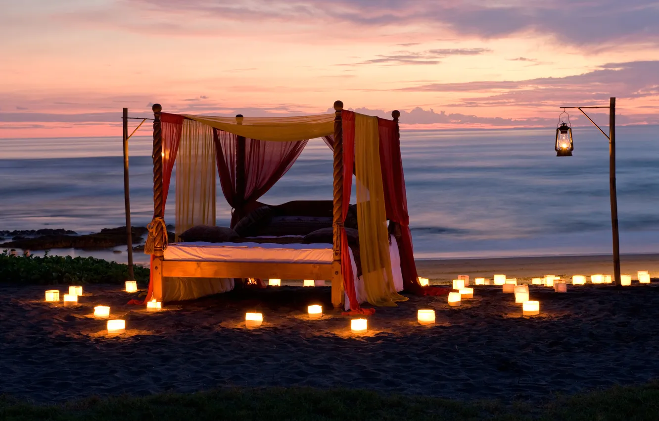 Фото обои пляж, океан, романтика, вечер, свечи