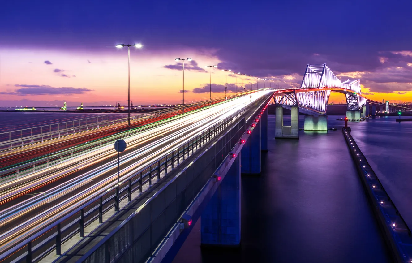 Фото обои свет, мост, город, огни, вечер, выдержка, Япония, Токио