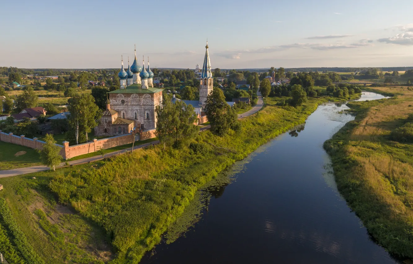 Фото обои лето, пейзаж, природа, река, село, церковь, Дунилово, Теза
