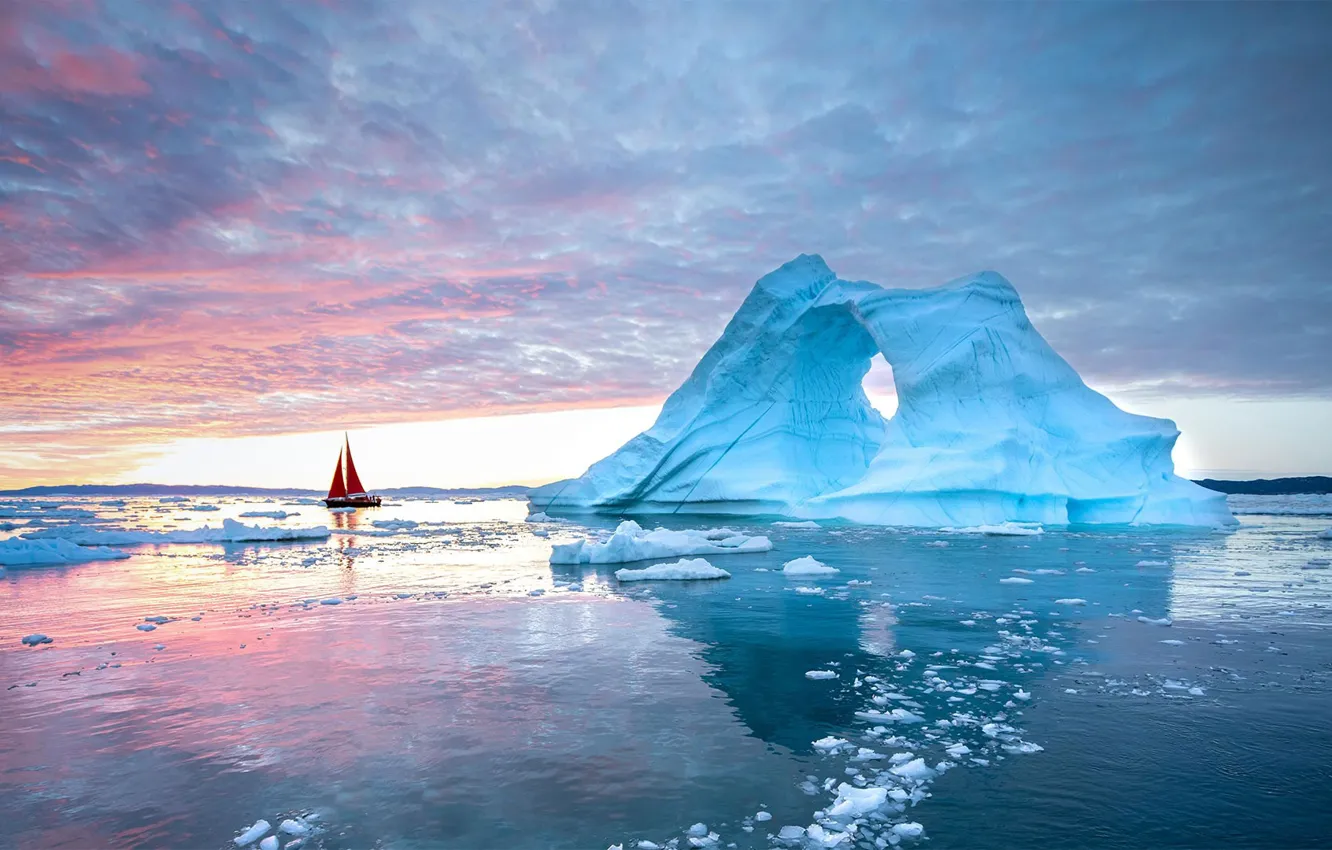 Фото обои лодка, айсберг, парус, Гренландия, Disko Bay