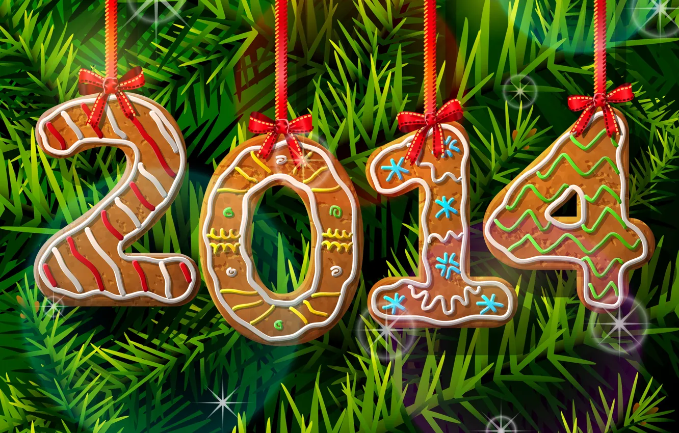 Фото обои рисунок, елка, Новый год, ленточки, 2014