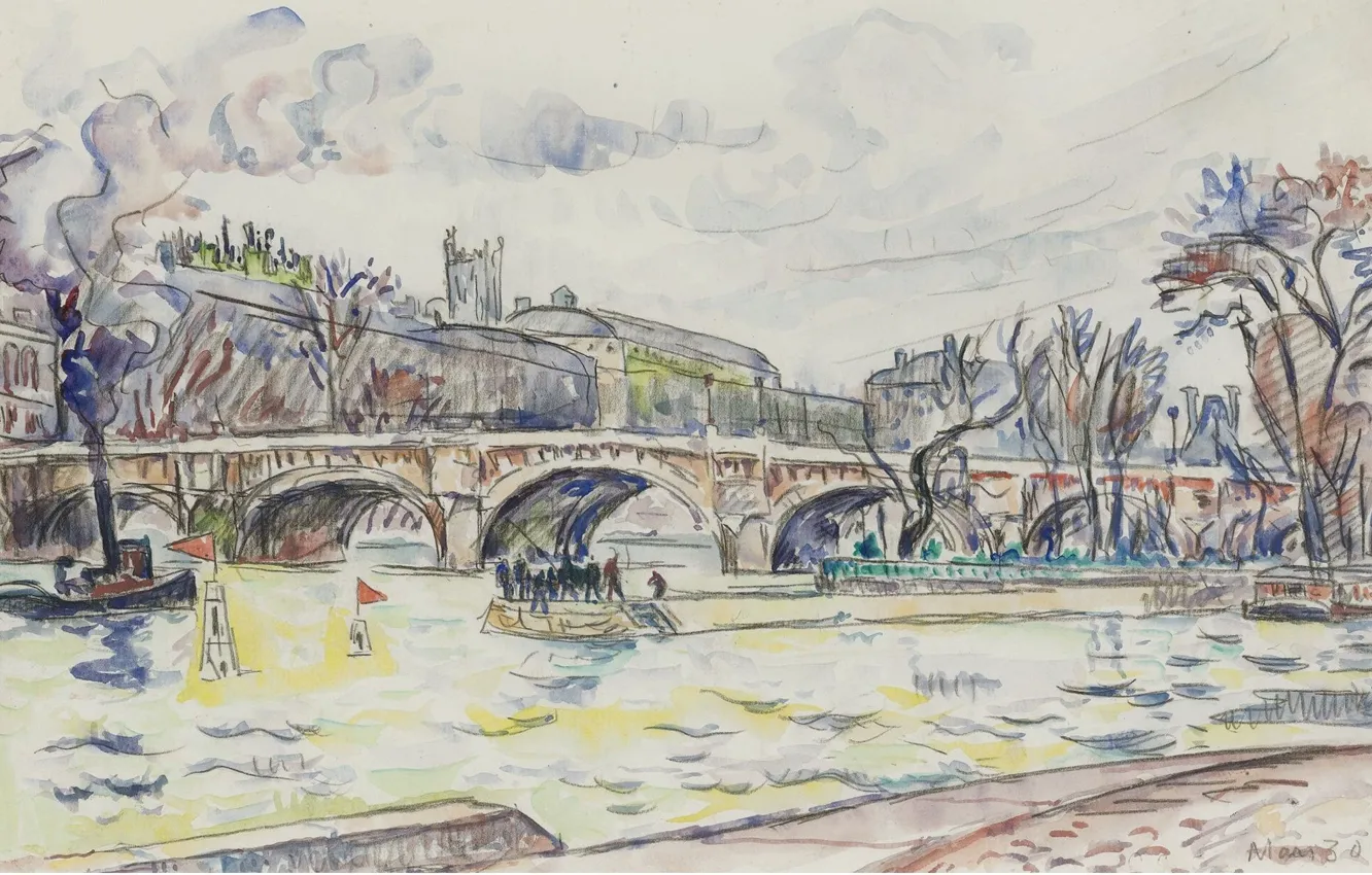Фото обои мост, город, река, рисунок, акварель, Поль Синьяк, Пон-Нёф. Париж, Paul Signac