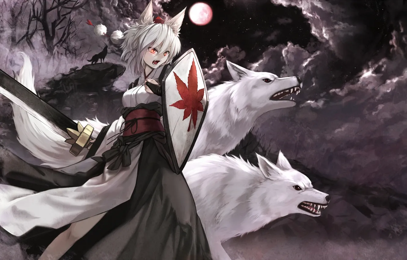 Фото обои девушка, ночь, оружие, луна, меч, аниме, арт, волки