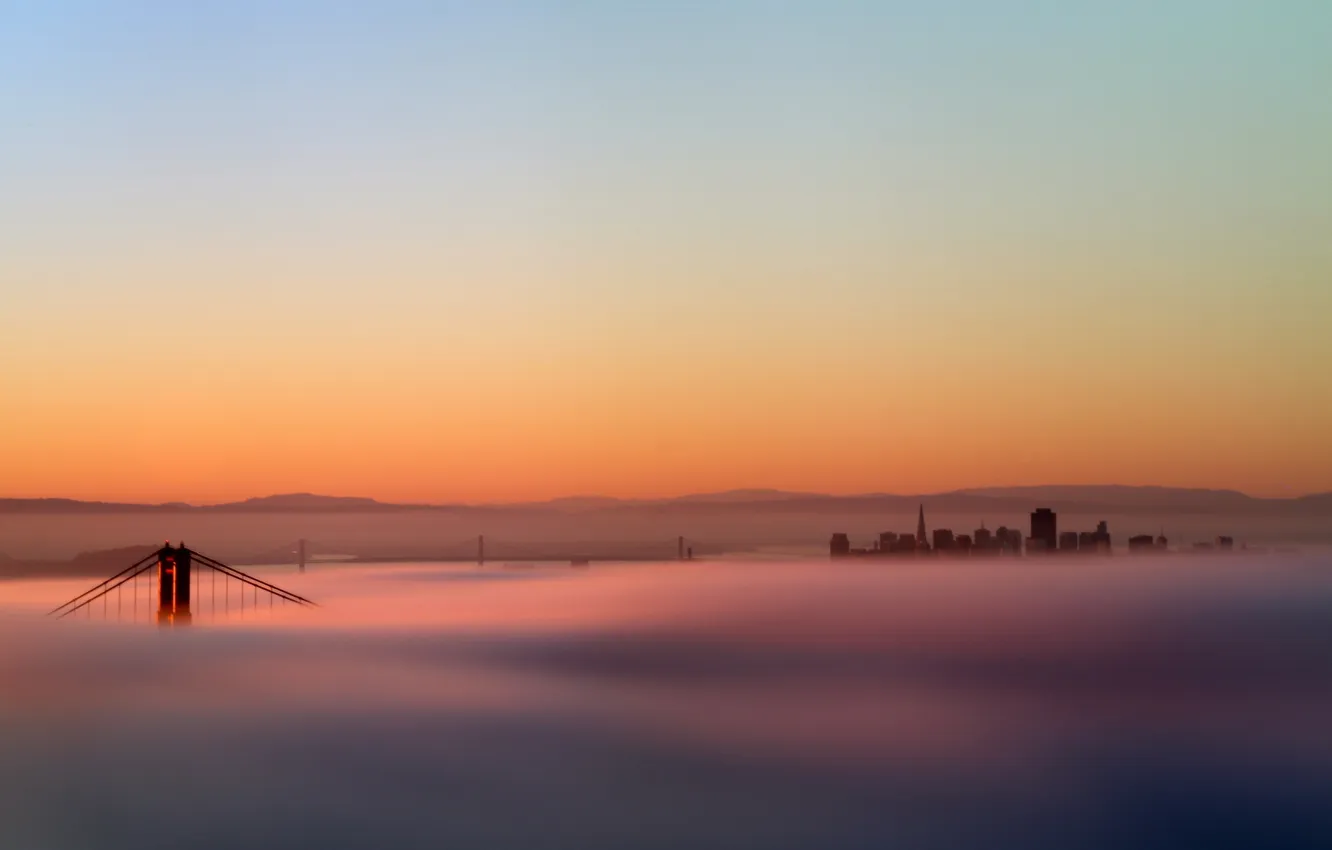 Фото обои пейзаж, закат, мост, туман