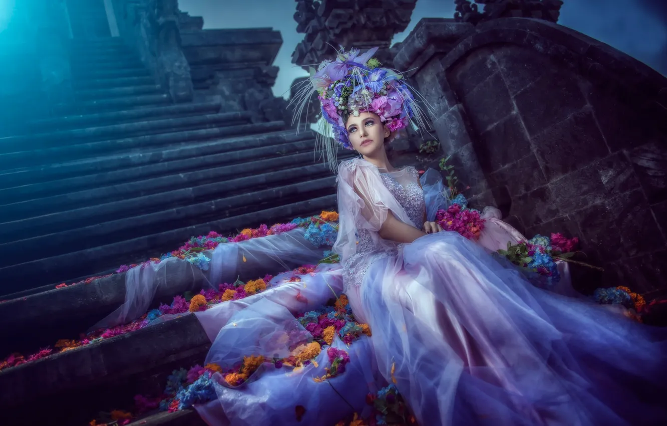 Фото обои цветы, лепестки, платье, арт, лунный свет, невеста, blue moon