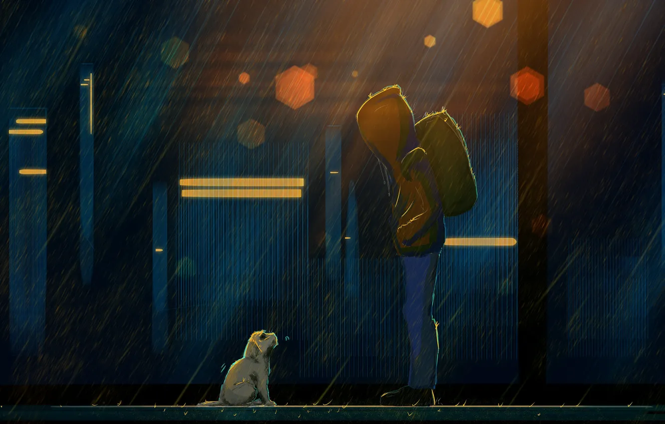 Фото обои Ночь, Собака, Мальчик, Человек, Дождь, Щенок, Fantasy, Арт