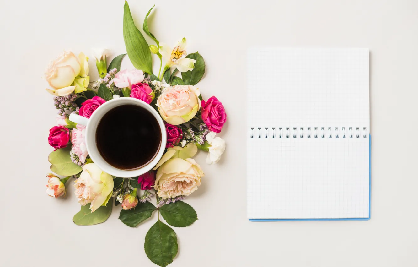 Фото обои цветы, кофе, блокнот, flower, notebook, cup, coffee, composition