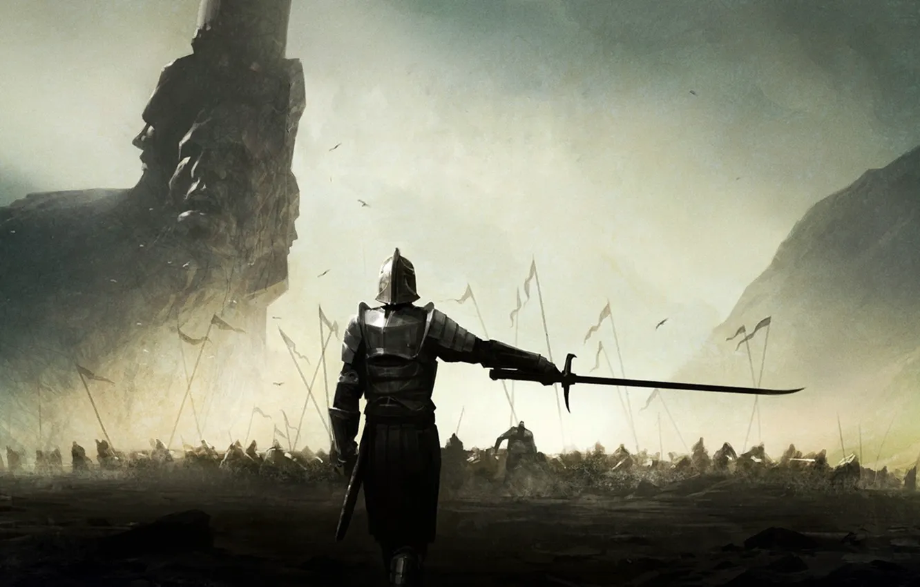 Фото обои горы, меч, доспехи, Воин, войско