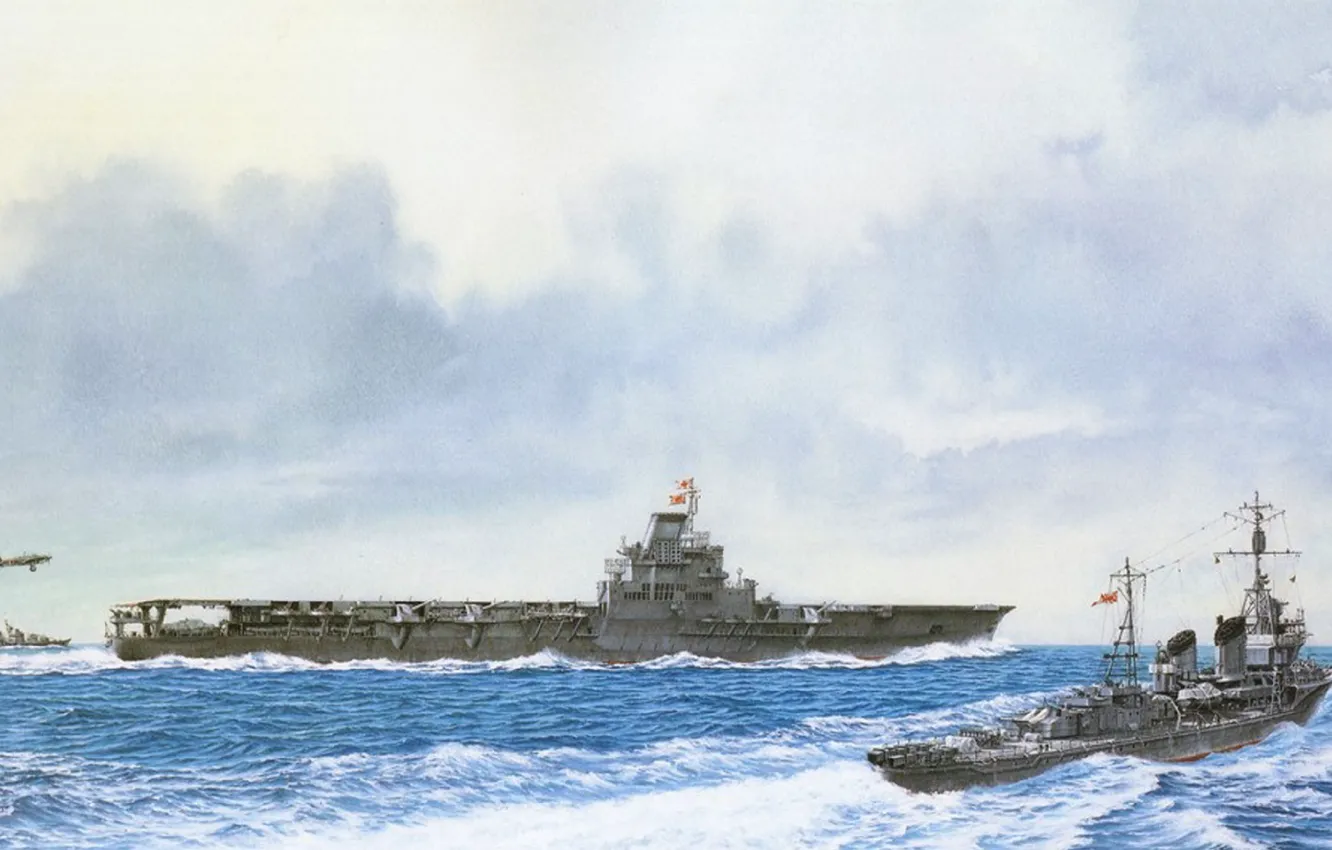 Фото обои корабль, арт, авианосец, флот, военный, японский, эсминец, WW2