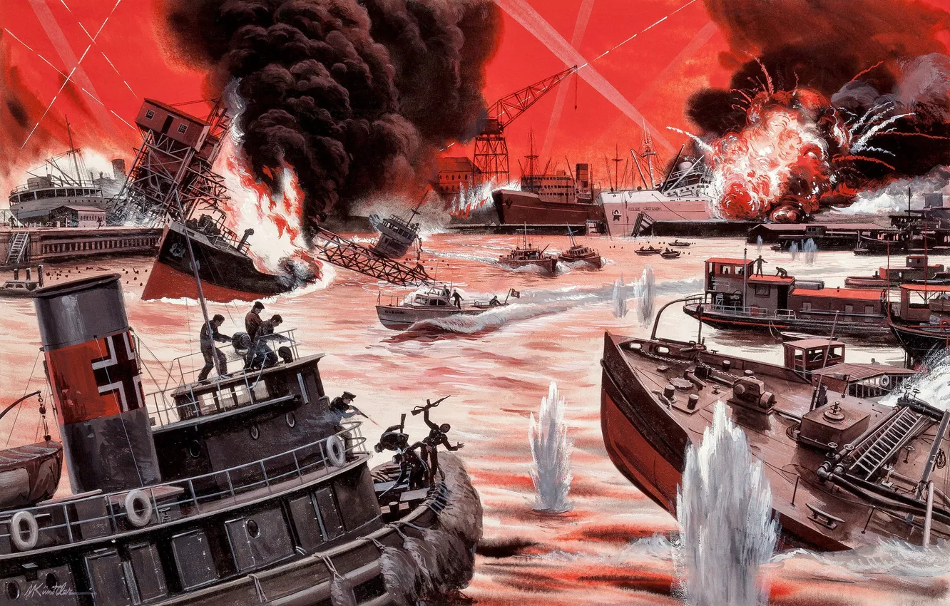 Фото обои огонь, дым, взрывы, корабли, порт, сражение, Mort Künstler