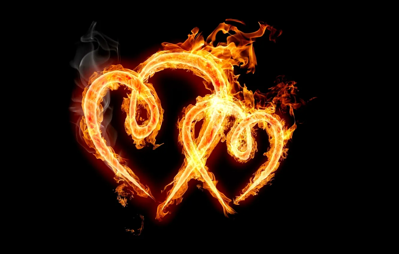 Фото обои фон, чёрный, сердца, два, огненых