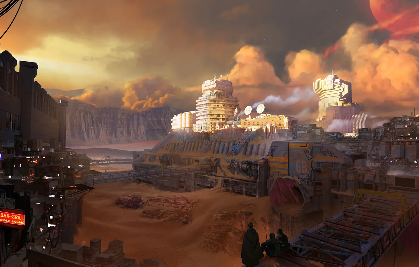 Фото обои fantasy, sky, desert, clouds, people, sand, planet, digital art