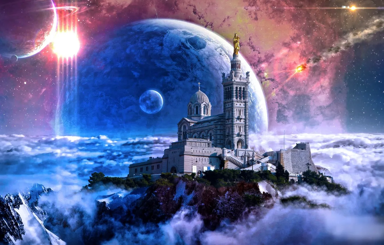 Фото обои cathedral, art, planets, statue, fiction