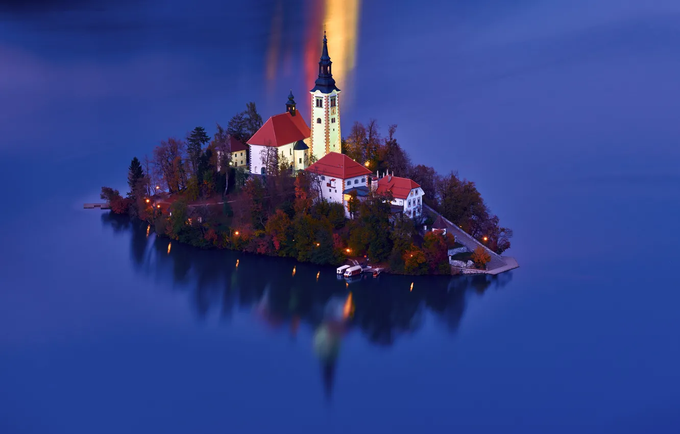 Фото обои вода, озеро, остров, церковь, Словения, Lake Bled, Slovenia, Бледское озеро