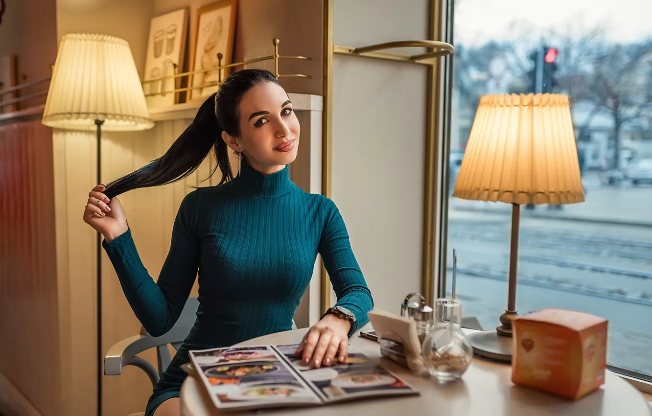 Фото обои dress, brunette, look, table, sit, Георгий Дьяков