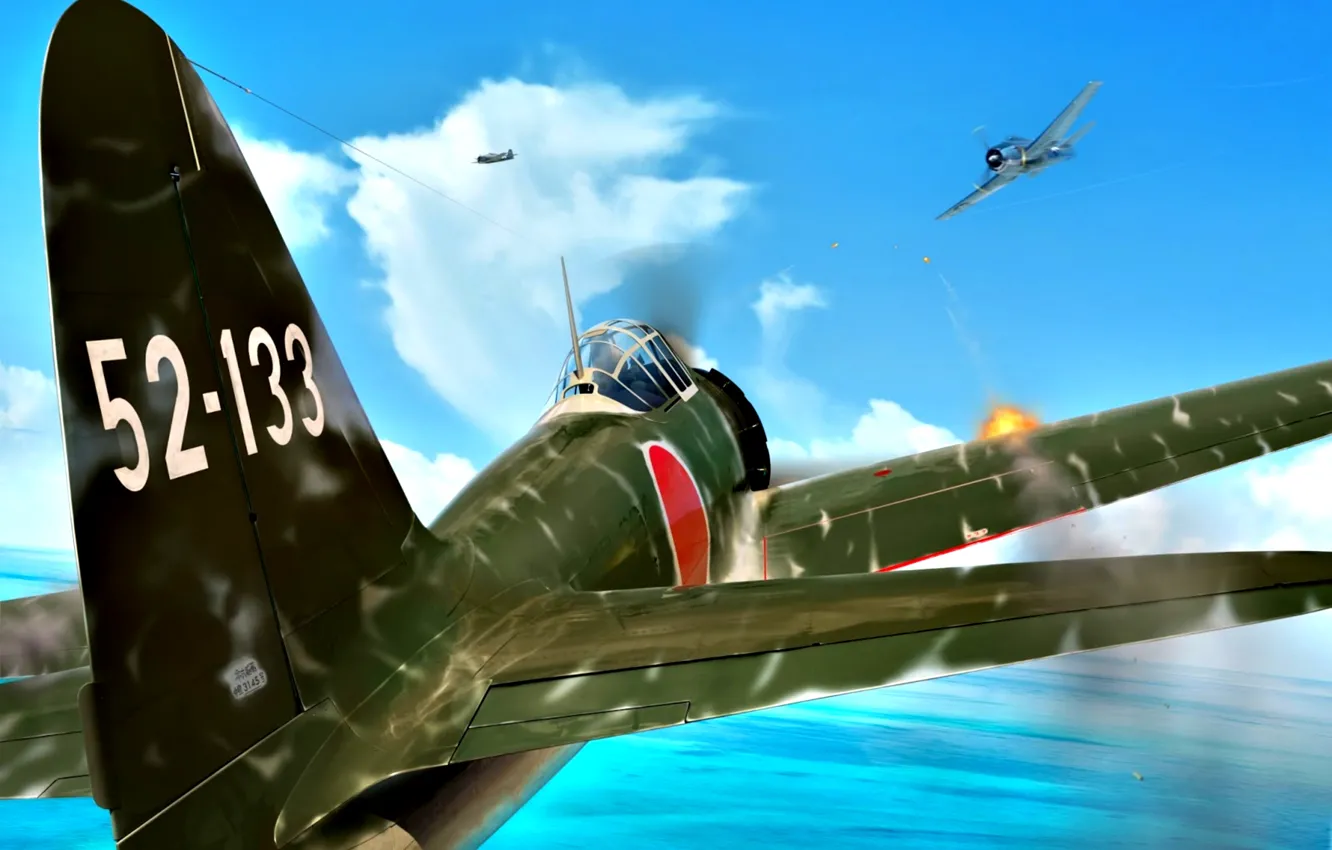 Фото обои Mitsubishi, Grumman, painting, Zero, A6M3, WWII, F6F Hellcat, model 32