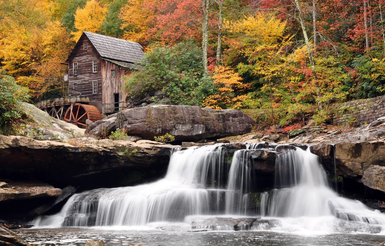 Фото обои осень, лес, водопад, мельница, Babcock State Park, Западная Вирджиния