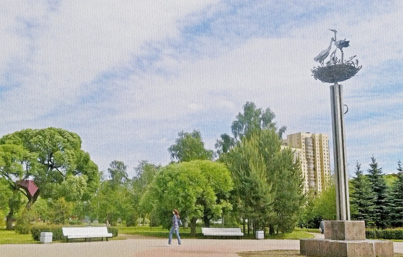 Фото обои парк, скульптура, аисты, пейаж