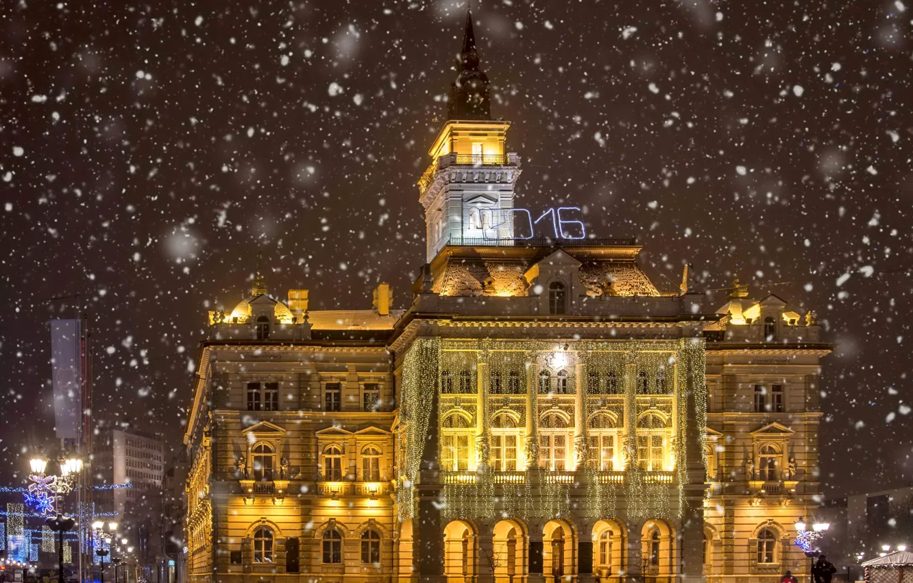 Фото обои lights, Ночь, Фонари, Снежинки, гирлянда, night, Сербия, Novi Sad