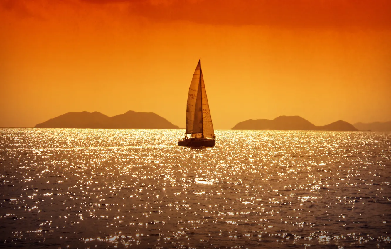 Фото обои море, острова, закат, отражение, вечер, яхта, парус, sunset