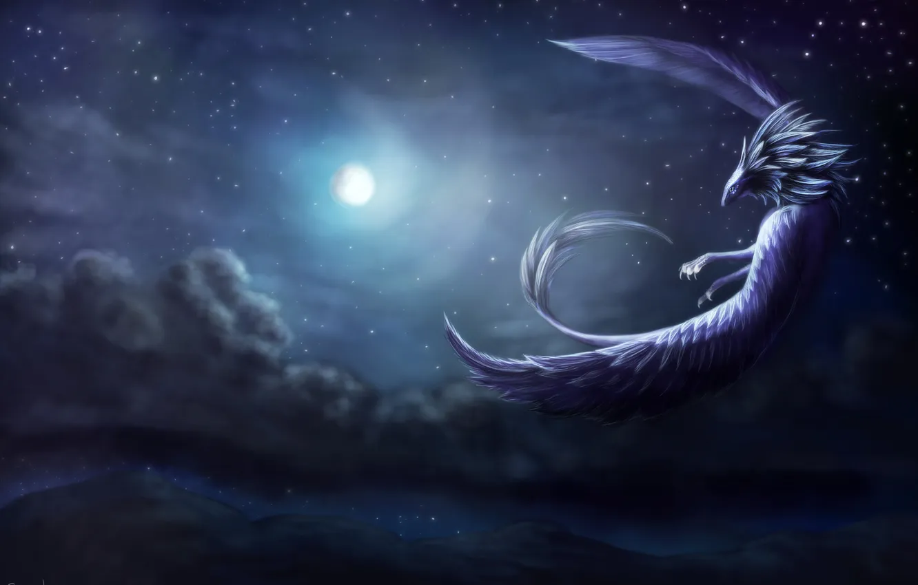 Фото обои небо, полет, ночь, фантастика, луна, крылья, существо, арт