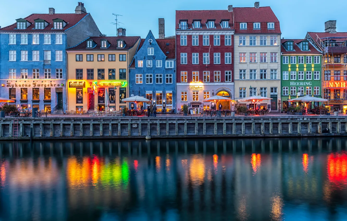 Фото обои огни, река, дома, вечер, Дания, фонари, канал, Копенгаген