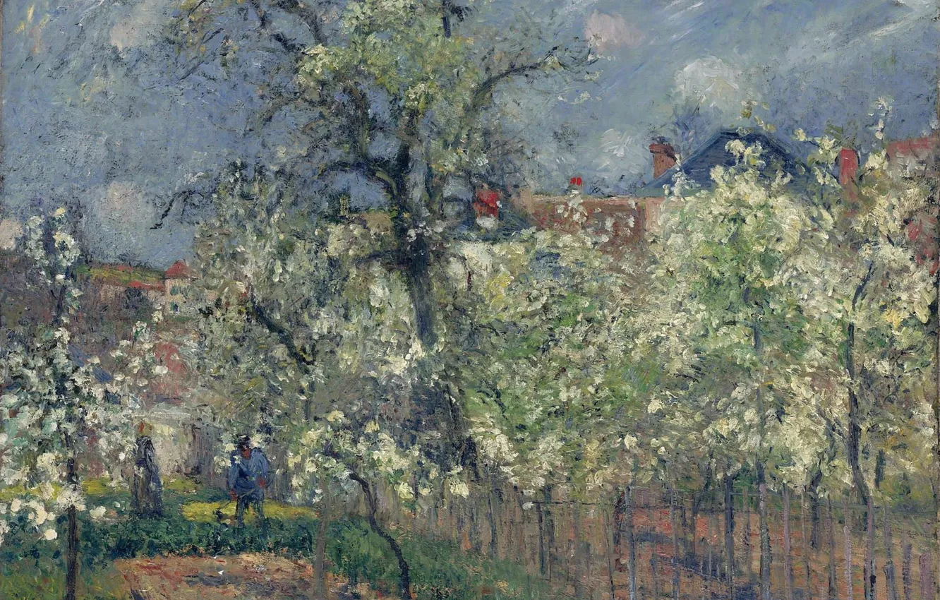 Фото обои пейзаж, картина, весна, Камиль Писсарро, Сад в Мобюиссоне. Понтуаз. Груши в цвету