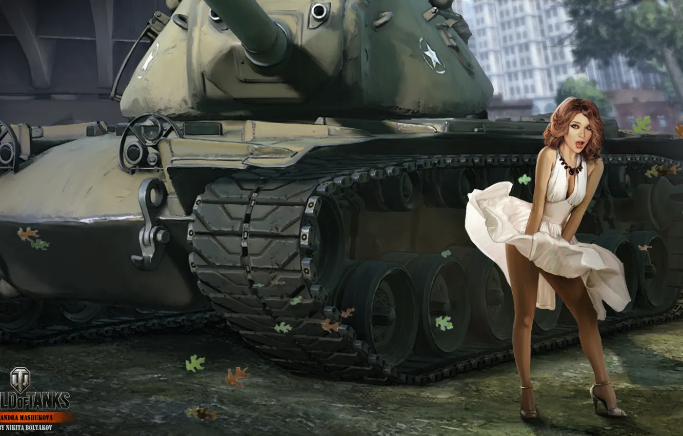 Фото обои девушка, юбка, танк, girl, USA, танки, WoT, Мир танков
