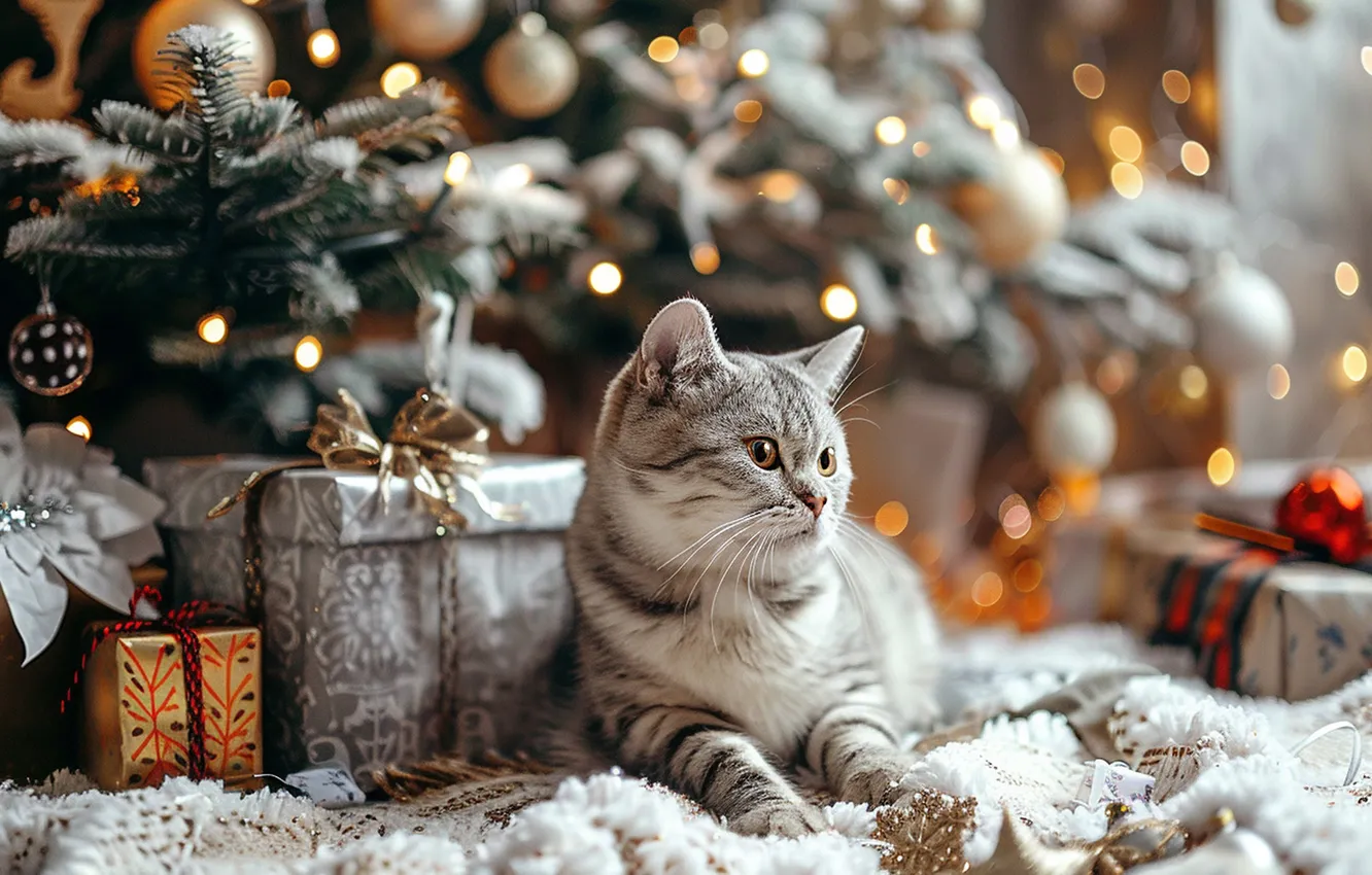 Фото обои кошка, взгляд, шарики, огни, поза, котенок, серый, Рождество
