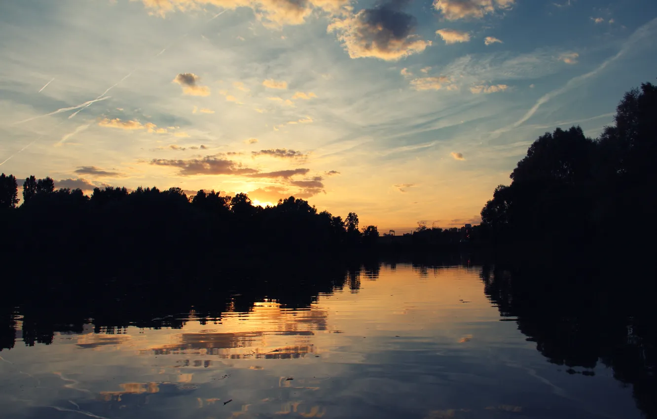 Фото обои закат, озеро, отражение, небеса