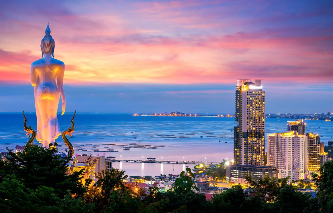 Фото обои море, пейзаж, ночь, природа, побережье, здания, дома, Таиланд