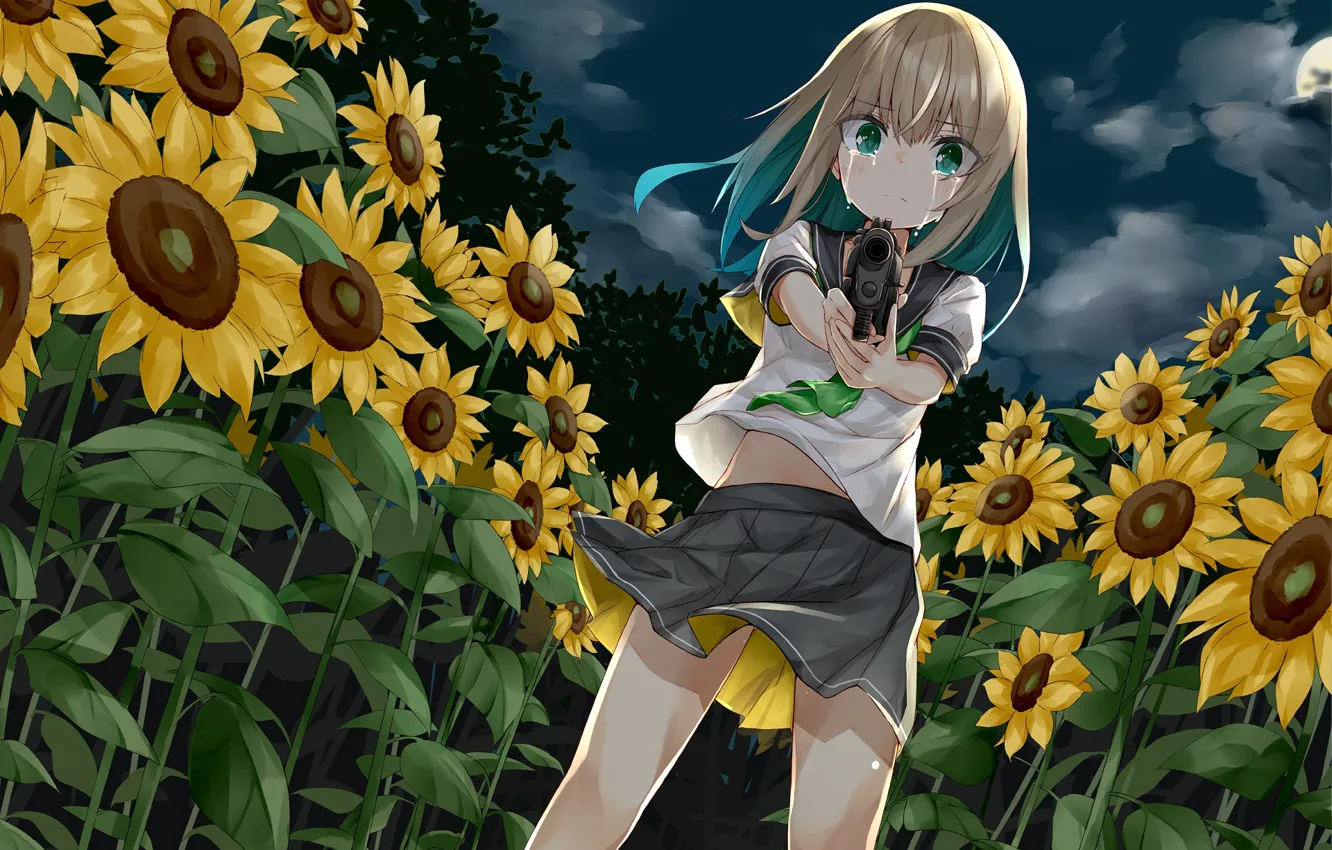 Фото обои девушка, подсолнухи, ночь, пистолет, слезы, anime, art